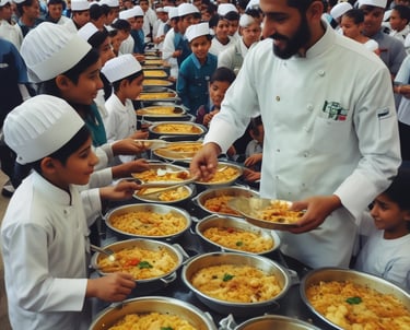 Volunteers serving food with smiles to a group of elders and children.