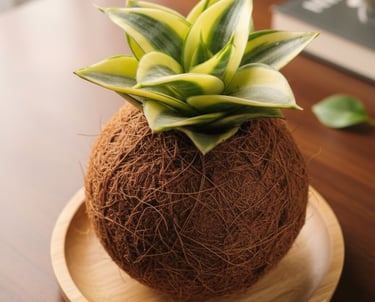 Una pequeña planta de serpiente Sansevieria en una maceta kokedama redonda de fibra de coco sobre un