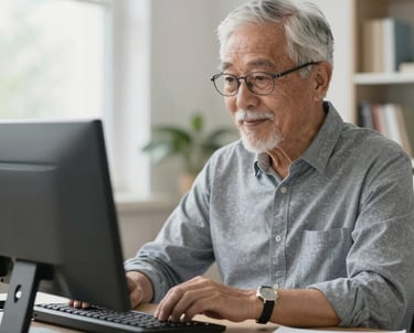 A warm photo of a smiling senior couple sitting together, happily using a laptop in a cozy, softly lit room.