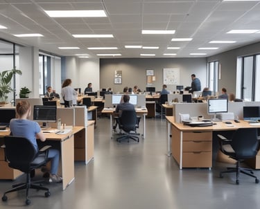 Professional team of accountants collaborating in a modern office with blue and gray tones.