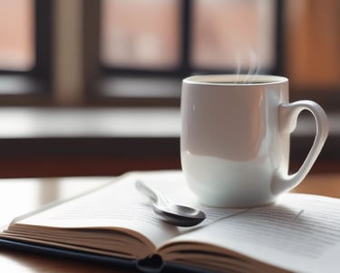 A cozy room with soft green tones, a journal and cup of tea on a wooden table.