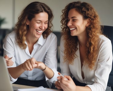 Two smiling businesswomen collaborating on a laptop in a modern office setting.