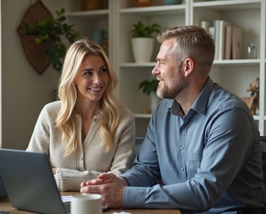 A caring financial advisor meeting with a client in a cozy office setting.