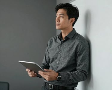 A portrait of a brand strategist in a minimalist office setting with slate gray furniture. They are holding a tablet and looking thoughtfully towards a whiteboard. North American professional context, focusing on strategy and vision.