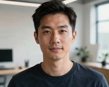 A headshot of a creative director in a modern, light-filled studio in Seattle. The background features architectural details. The overall feel is one of sophisticated, meticulously crafted digital design.
