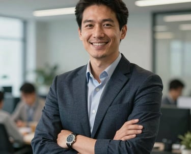 A portrait of a project manager in a high-tech office environment. They are smiling confidently. The lighting is crisp, and the composition is professional, conveying reliability and forward-thinking leadership.