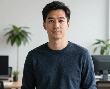 A professional portrait of a lead developer in a modern workspace. They are looking confidently at the camera. The background is a clean white wall with a minimalist plant. The atmosphere is innovative and professional.