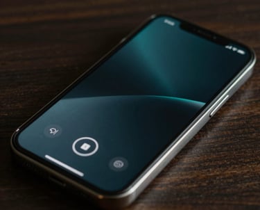 A close-up shot of a smartphone displaying a sleek, dark-themed dashboard. The lighting is low and cinematic, with soft cyan highlights reflecting off the screen. Professional digital product photography style.