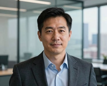A headshot of a technical strategist in a sleek, glass-walled office in Chicago. The background is slightly out of focus, showing a blurred cityscape. The lighting is bright and clean, reflecting a high-end professional aura.