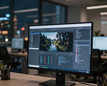 An interior shot of a modern, open-plan office at night. In the foreground, a large monitor shows a complex UI design. The background is a blurred cityscape with twinkling lights. Mood is highly professional and innovative.