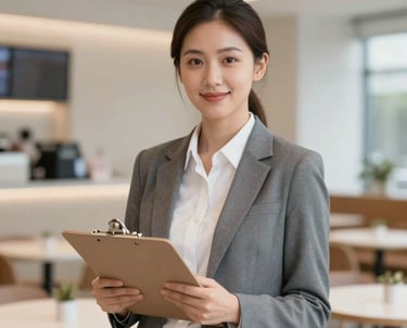 Professional portrait of a female operations manager with a clipboard, standing in a clean, modern canteen environment, #4D6C58 accents, soft professional lighting.