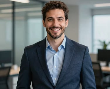 Professional portrait of Vitor Leandro Mazetti, wearing a smart casual blazer, friendly and confident expression, modern office backdrop with #1A2C2A tones.