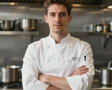 Professional portrait of a male chef in a clean white uniform and apron, arms crossed, sophisticated kitchen background with stainless steel and #4D6C58 details.