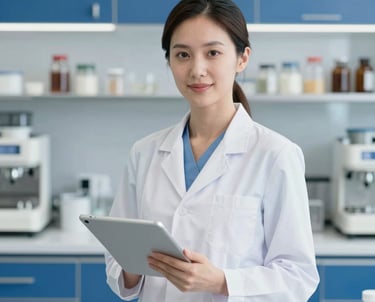Professional portrait of a female nutritionist in a clean white coat, holding a digital tablet, modern culinary lab background, featuring #AEC1B0 accents.