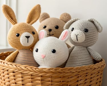 Animales amigurumi tejidos a crochet hechos a mano, incluye un conejito y osos sentados en una caja