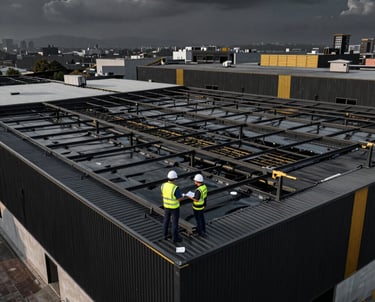Cinematic aerial shot of a large industrial warehouse roof showing the waterproofing installation process.