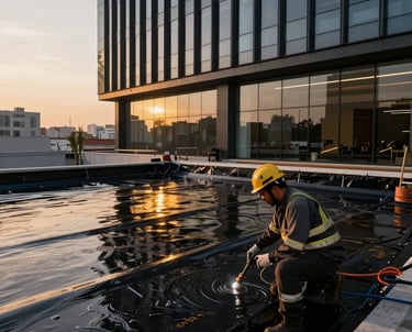 Close-up of a technician applying a polyester-reinforced prefabricated waterproofing membrane on a commercial rooftop with safety gear.