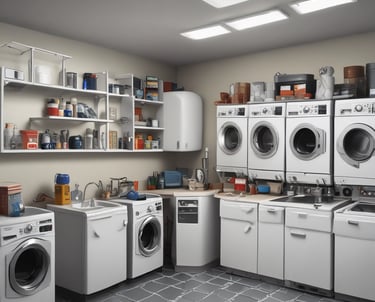 Technician repairing a refrigerator in a modern kitchen.