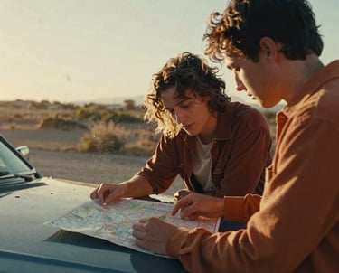 Dos jóvenes en un viaje por carretera, consultando un mapa de papel sobre el capó del coche.
