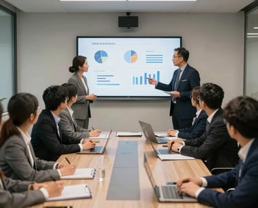 A professional team collaborating over recruitment strategies in a modern office.