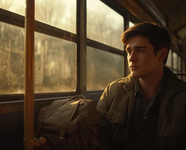 Young man on a bus looking outside, Thunder Motivation inspiring quiet reflection and growth.