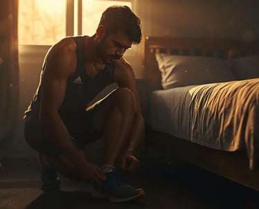 Athlete tying shoes at sunrise, Thunder Motivation pushing early-morning discipline and drive.