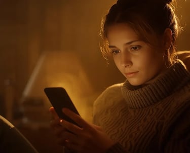 Woman reading ebook on phone in warm light, inspired by Thunder Motivation ebook.