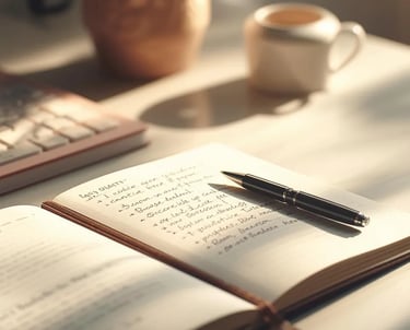 Notebook and pen on desk, Thunder Motivation encouraging planning, clarity and daily focus.