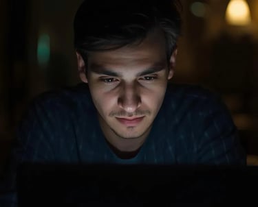 Man reading ebook on laptop at night, motivated by Thunder Motivation content.