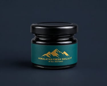A glass jar of pure Himalayan Fresh Shilajit resin with a teal and gold mountain logo.