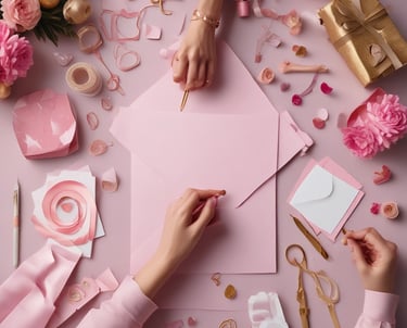 Creative workspace with colorful stationery and design tools in blue, pink, and gold tones.