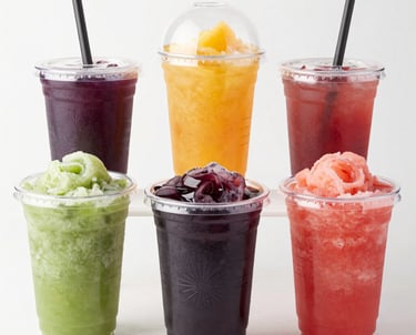 Vibrant slush drinks in elegant glasses with colorful layers and fresh fruit garnishes.