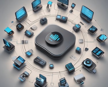 A bustling warehouse filled with shelves stacked high with smartphones, tablets, and smart home devices ready for shipment.