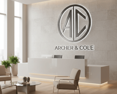 Modern Archer and Cole office reception area with a backlit logo and white minimalist desk.
