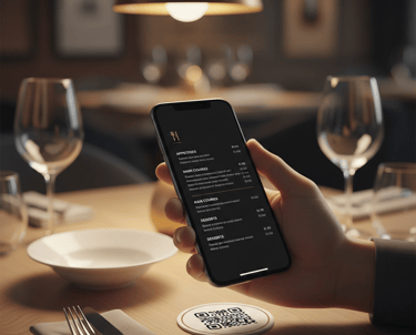 Hand holding a smartphone displaying a digital restaurant menu via QR code on a dining table.