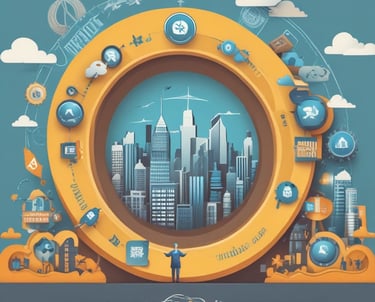 A vibrant street scene showing local shops with bright signage and people engaging nearby.