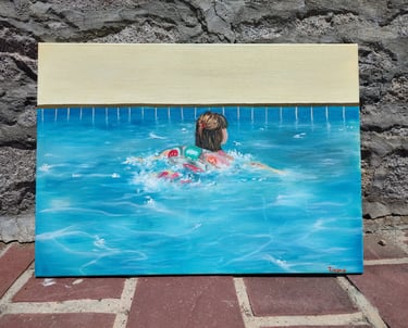 Tablou la comandă fetiță în piscină.