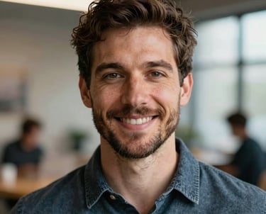 A professional headshot of a man named James, looking friendly and approachable in a North American / US creative professional setting.