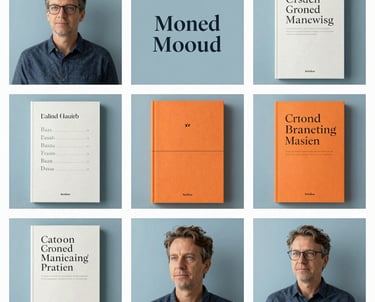 A professional author branding mood board featuring soft blues and oranges, modern typography, and book cover mockups.