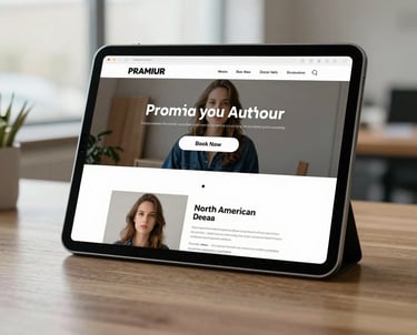 An elegant tablet displaying a modern, premium author website layout with a focus on a 'Book Now' button, set against a bright, airy North American office backdrop.
