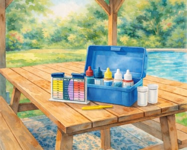 Watercolor illustration of a professional swimming pool water chemistry test kit on a wooden table.
