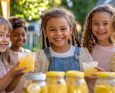 Happy young girls smiling behind a summer lemonade stand with fresh citrus drinks.