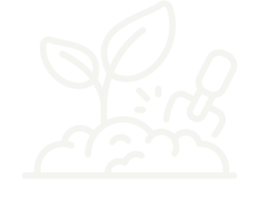 A white line icon of a seedling growing in soil being tended with a hand rake tool.