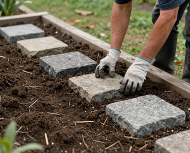 A gardener installs square stone pavers into dark garden soil to create a walking path.