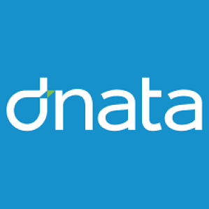 Official dnata company logo featuring white lowercase text on a solid blue background.