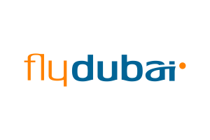 The official flydubai airline logo featuring orange and blue text on a black background.