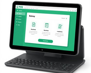 Smartphone, tablet, payment terminal, and coins on table
