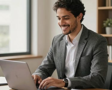 A friendly entrepreneur using a laptop with sales tools on the screen in a cozy home office.