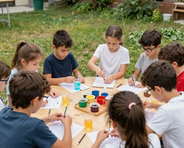 Kids engaged in a lively music workshop with instruments and smiles.