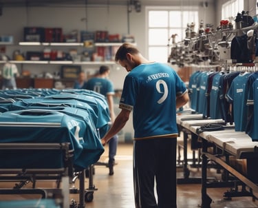 A vibrant display of customizable football jerseys hanging in a bright, modern online store setting.